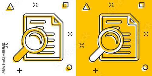 Scrutiny document plan icon in comic style. Review statement vector cartoon illustration pictogram. Document with magnifier loupe business concept splash effect.