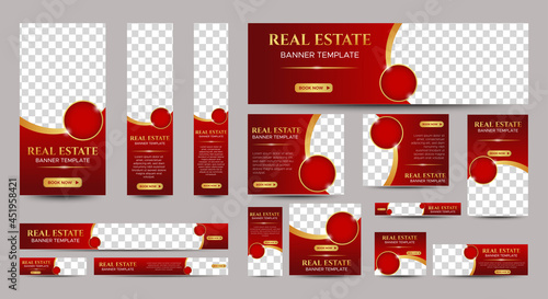 Real Estate web banner design template Set with red background. Vertical, Horizontal and Square banners with standard size and place for photos. Vector design EPS 10	