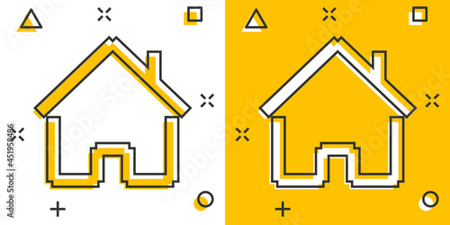 House building icon in comic style. Home apartment vector cartoon illustration pictogram. House dwelling business concept splash effect.