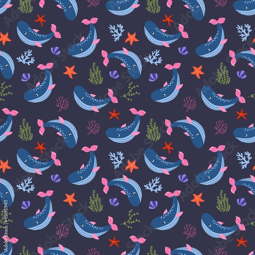 Seamless pattern with whales . Hand-drawn style. Design for decorating a nursery.	
