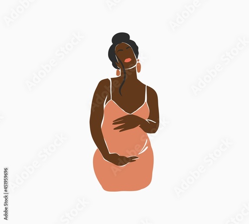 Hand drawn vector abstract stock flat graphic contemporary line art,aesthetic fashion illustration with bohemian,beautiful modern black female pregnancy portrait in simple trendy style,for branding.