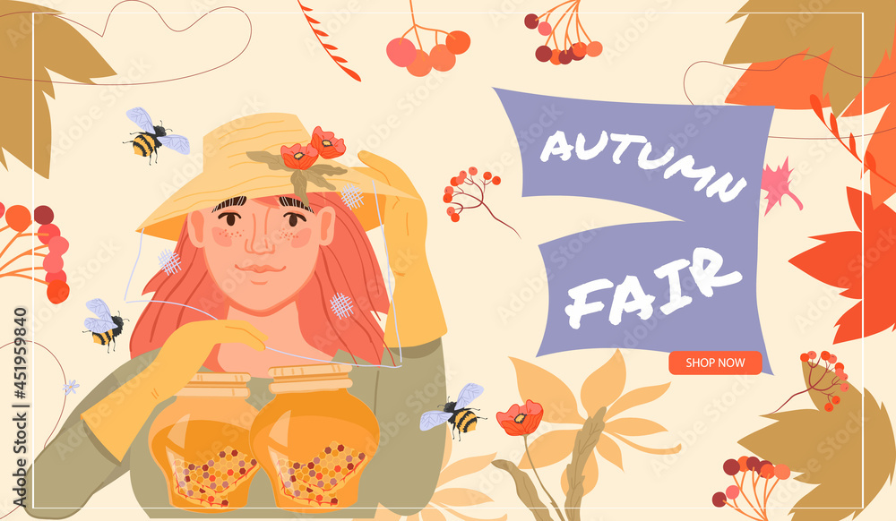 Fototapeta premium Autumn fair web banner template with beekeeper woman offer her honey products, flat vector illustration. Farm market and autumn harvest festival advertising poster or webpage.