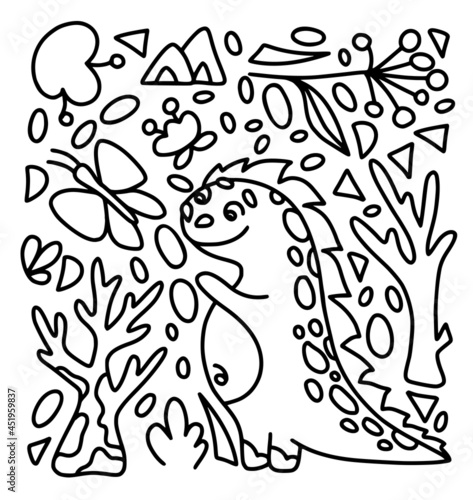 Dino in hand drawn style isolated on white background with decor elements, dino clipart collection of cartoon animals for coloring book, nursery, posters and children room. Vector illustration