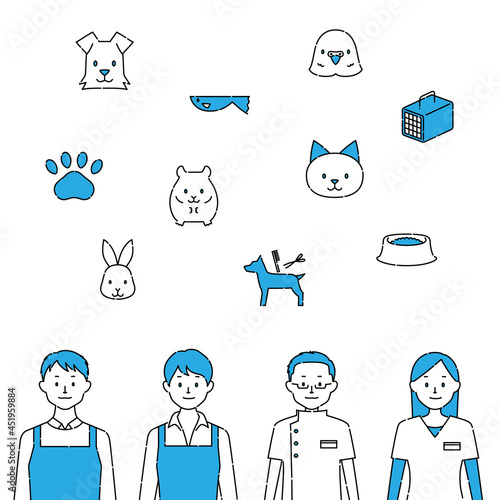 Animal-related work illustration, person and icon set (white background, vector, cut out)