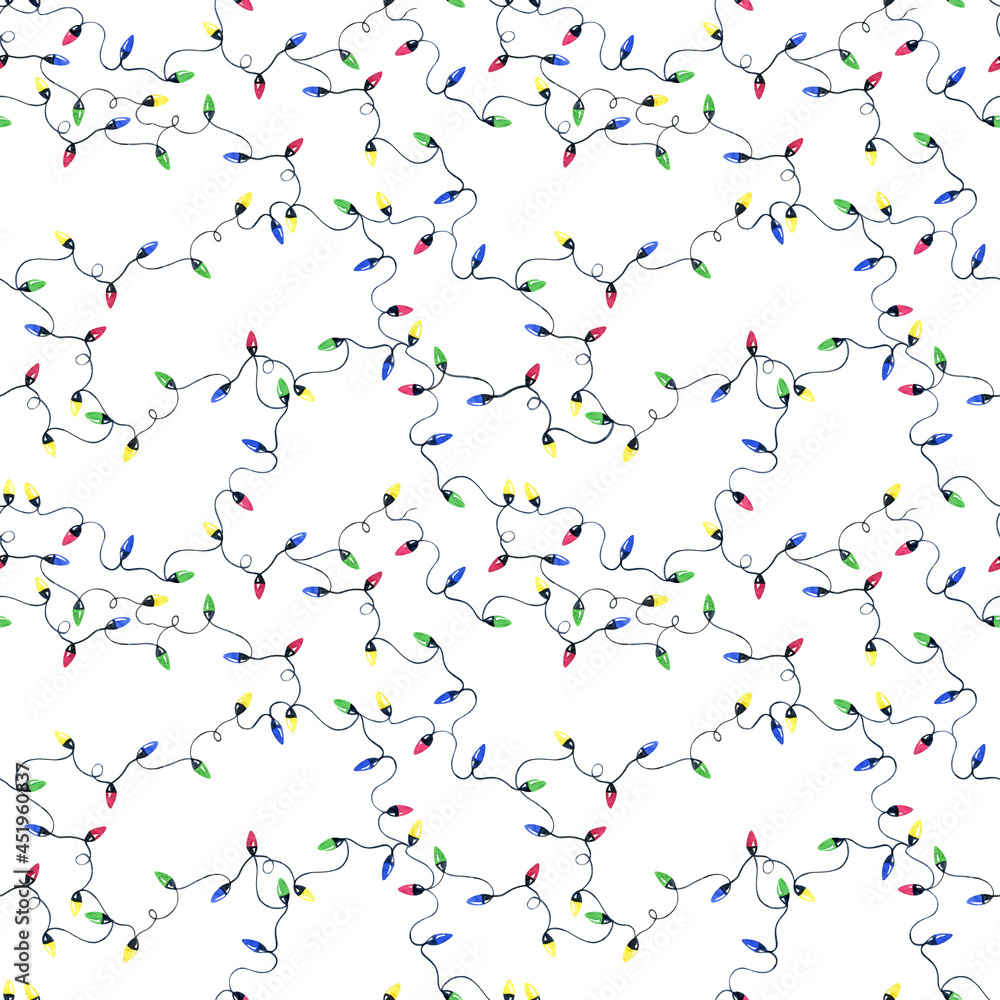 Watercolor seamless pattern. Christmas light garland, isolated on a white background. 