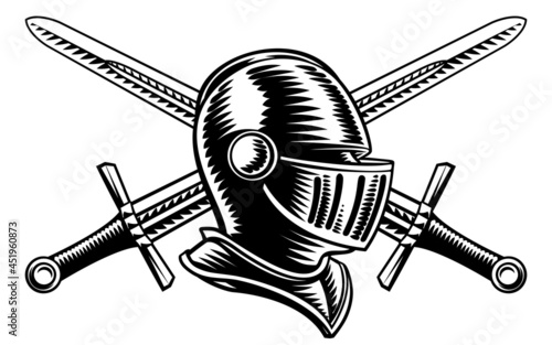 Knight Helmet Crossed Swords Vintage Woodcut