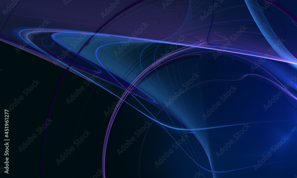 Fototapeta 3d digital technological background or wallpaper with stretchy blue and violet substance in shape of funnel in dark space. Galactic, artistic concept. Curvy electric light in dynamic composition.