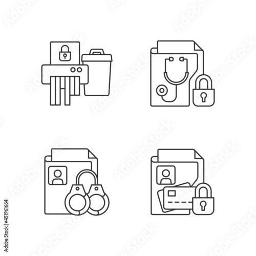 Information sensitivity linear icons set. Disposing documents. Criminal records. Financial data. Customizable thin line contour symbols. Isolated vector outline illustrations. Editable stroke