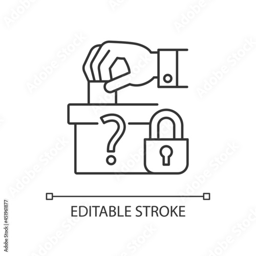 Protect political affiliation linear icon. Electoral process safeguarding. Voter choice. Thin line customizable illustration. Contour symbol. Vector isolated outline drawing. Editable stroke