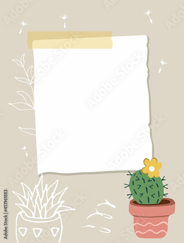 A sheet of white paper taped to wall. Note paper, cactus in a pink pot, white contour of cactus in the background. Vector illustration, flat style.