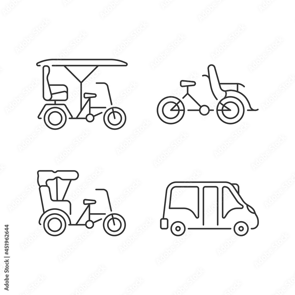 Vehicle for hire linear icons set. Bicitaxi. Three-wheel bicycle. Tourists transportation. Minibus. Customizable thin line contour symbols. Isolated vector outline illustrations. Editable stroke Vehicle for hire linear icons set. Bicitaxi. Three-wheel bicycle. Tourists transportation. Minibus. Customizable thin line contour symbols. Isolated vector outline illustrations. Editable stroke