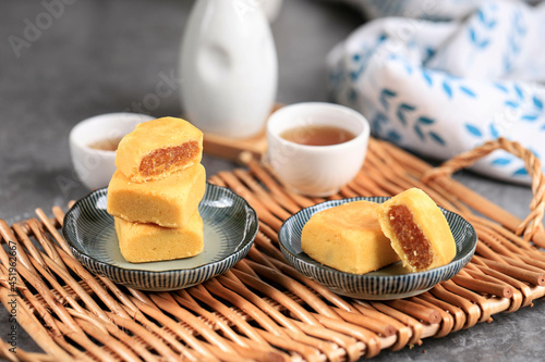 Delicious Taiwan Pineapple Tart, Melted Pie Crust with Pineapple Jam Inside, Usually Come with Square or Rectangle Shape. Selected Focus