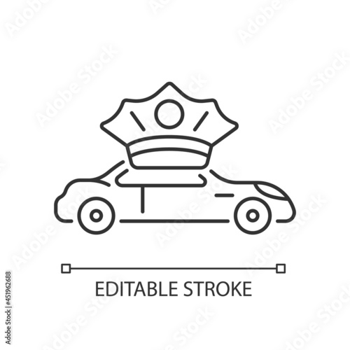 Chauffeur hire linear icon. Personal driver. Driving passenger vehicle. Operating luxury cars. Thin line customizable illustration. Contour symbol. Vector isolated outline drawing. Editable stroke