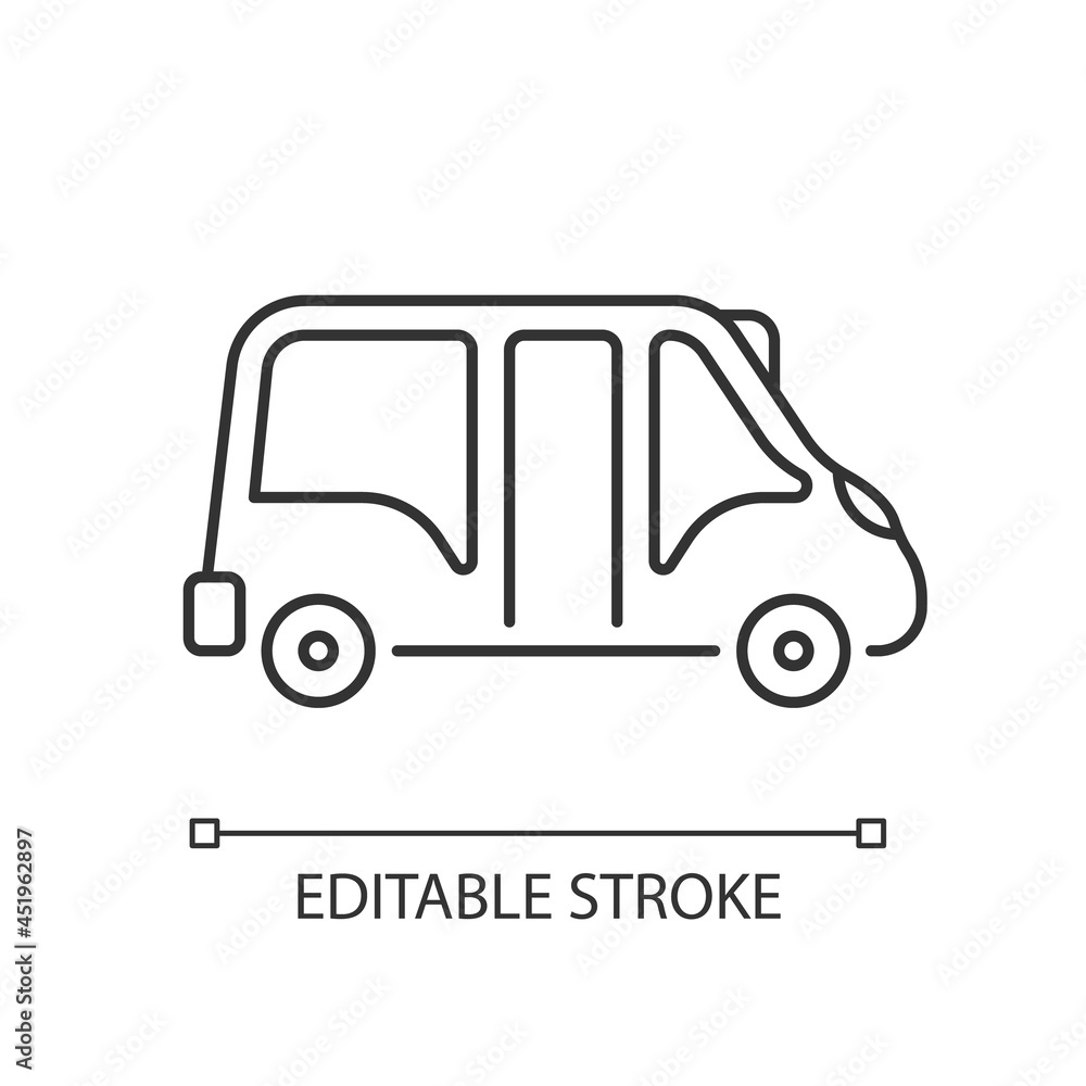 Minibus linear icon. Small bus for transporting passengers. Motor vehicle. Travel service. Thin line customizable illustration. Contour symbol. Vector isolated outline drawing. Editable stroke Minibus linear icon. Small bus for transporting passengers. Motor vehicle. Travel service. Thin line customizable illustration. Contour symbol. Vector isolated outline drawing. Editable stroke