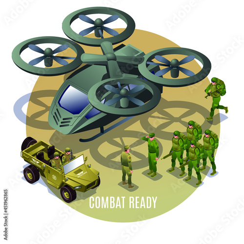 Combat Ready, Air Force, troop transport, vector illustration isometric icons on isolated round background