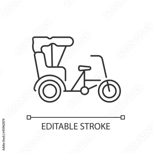 Sanlunche linear icon. Chinese rickshaw. Short distance traveling. Transportation service. Thin line customizable illustration. Contour symbol. Vector isolated outline drawing. Editable stroke