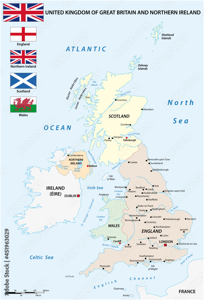 vector map of the countries of the United Kingdom with flags