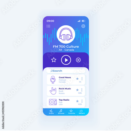 Radio application smartphone interface vector template. Mobile app page design layout. Radio broadcast online screen. Download fm application. Flat UI for application. Phone display
