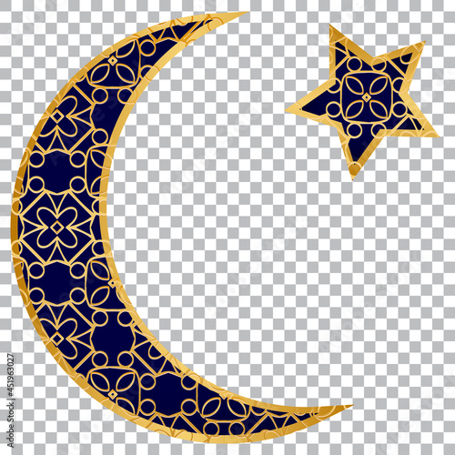 Islamic crescent moon and star with elegant gold geometric convex 3d pattern. Template on an isolated background. Vector graphics for design, logo, greeting card, presentation, business card.