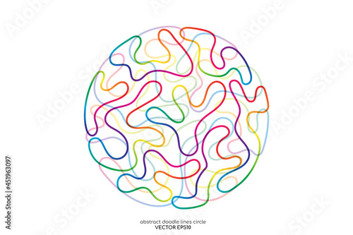 Abstract doodle lines in circle round shape colorful spectrum colors isolated on white background.
