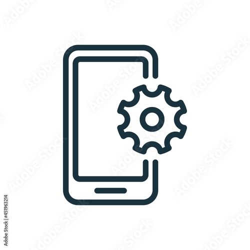 Update Smartphone Line Icon. Updating Operating System or Repair of Mobile Phone Linear Pictogram. Setting Up Smartphone Concept. Gear and Mobile Outline Icon. Editable Stroke. Vector Illustration