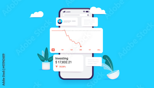 Investment loss on smartphone - Investing app on phone showing negative stock market chart. Loosing money in stock market concept. Vector illustration.