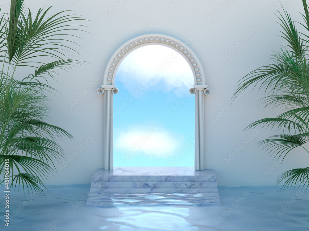A natural podium made of stairs with an arch. Antique door with a view of the cloudy sky. Tropical trees in the water. 3D render