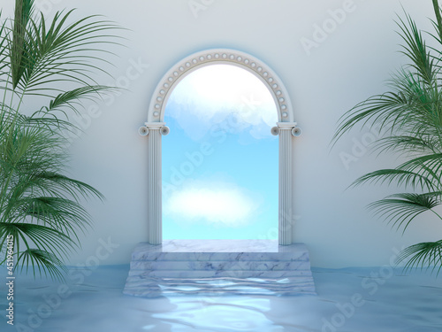 A natural podium made of stairs with an arch. Antique door with a view of the cloudy sky. Tropical trees in the water. 3D render