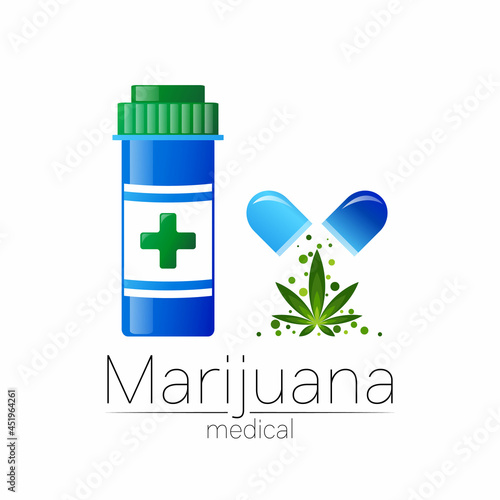 Medical cannabis symbol in vector. Logotype for marijuana, nature herbal medicine, therapy, doctors and store, business. Isolated on white background. Blue and green color. Pill and tablet health care
