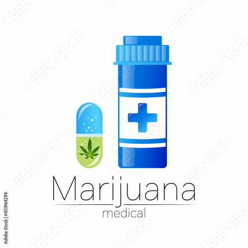 Medical cannabis symbol in vector. Logotype for marijuana, nature herbal medicine, therapy, doctors and store, business. Isolated on white background. Blue and green color. Pill and tablet health care