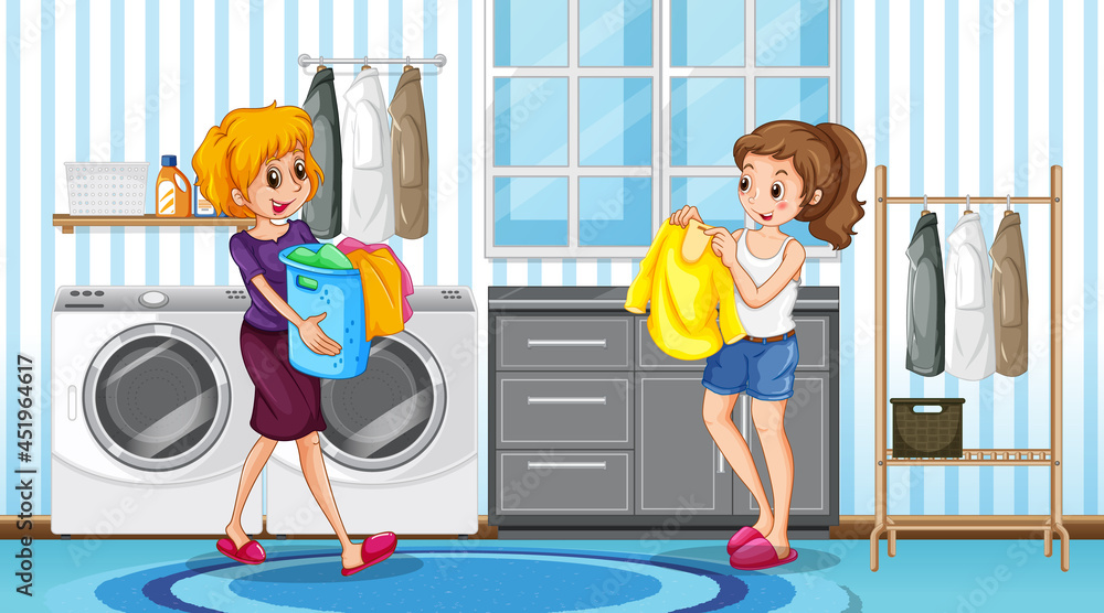 Scene with two women in laundry room Scene with two women in laundry room