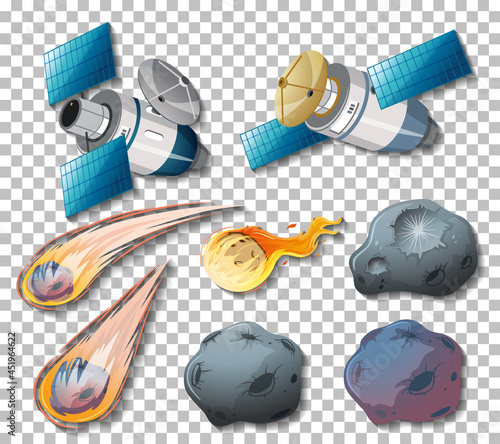 Space objects satellite and asteroids on transparent background