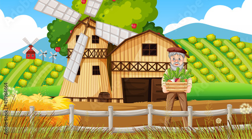 Farm scene with old farmer man and farm animals