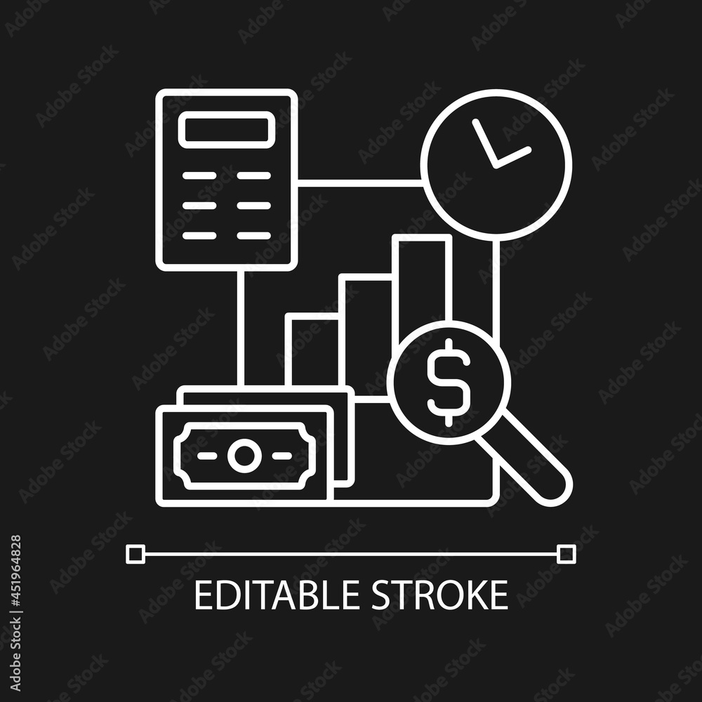 Financial management white linear icon for dark theme. Planning business budget. Financial literacy. Thin line customizable illustration. Isolated vector contour symbol for night mode. Editable stroke Financial management white linear icon for dark theme. Planning business budget. Financial literacy. Thin line customizable illustration. Isolated vector contour symbol for night mode. Editable stroke