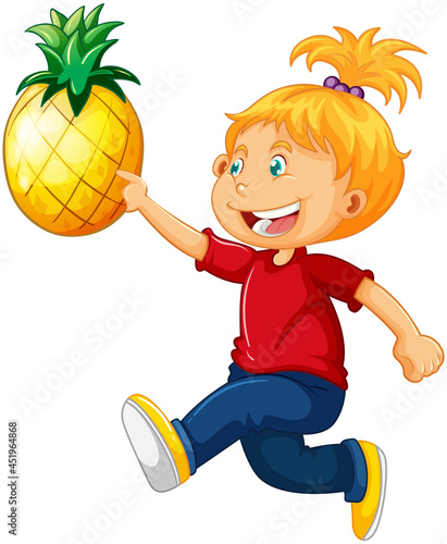 A cute girl holding pineapple cartoon character isolated on white background