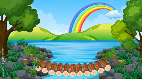 Nature park landscape scene with bridge across the river and rainbow in the sky