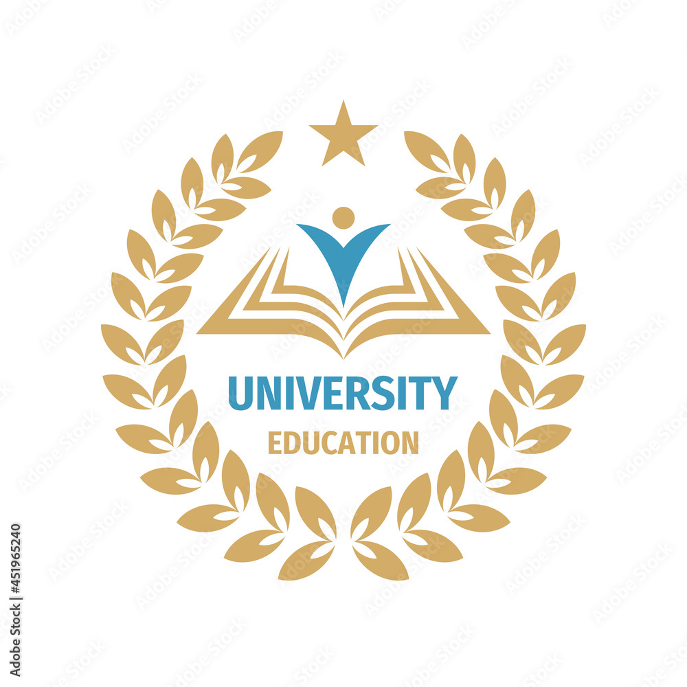 Education badge logo design. University high school emblem. Laurel wreath. Vector illustration. 