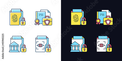 Personal sensitive data light and dark theme RGB color icons set. Business information. Government material. Isolated vector illustrations on white and black space. Simple filled line drawings pack