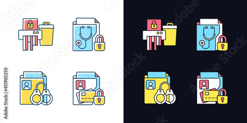 Information sensitivity light and dark theme RGB color icons set. Disposing documents. Criminal records. Isolated vector illustrations on white and black space. Simple filled line drawings pack
