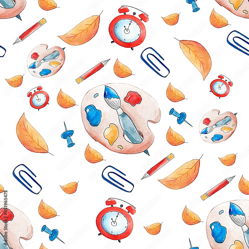 Seamless watercolor pattern with hand drawn elements, school theme, school and stationery supplies Seamless watercolor pattern with hand drawn elements, school theme, school and stationery supplies
