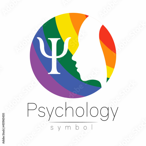 Modern head Logo sign of Psychology. Profile Human in rainbow color. Letter Psi. Creative style. Symbol in vector. Design concept. Brand company. Isolated on white background. Icon for web, logotype.