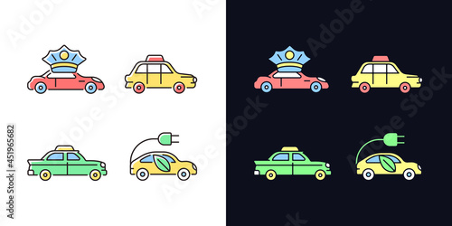 Taxi booking light and dark theme RGB color icons set. Chauffeur hire. Driving car on electric power. Isolated vector illustrations on white and black space. Simple filled line drawings pack