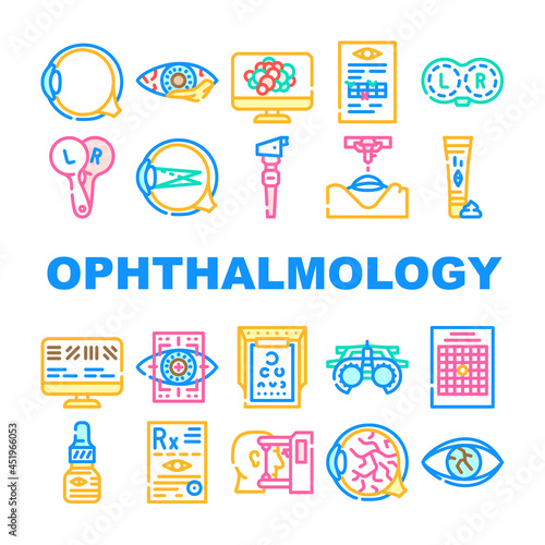 Ophthalmology Eye Disease Treat Icons Set Vector. Amsler Table And Retinoscope, Lasser Correction And Trial Frame Medicine Ophthalmology Hospital Equipment Line. Color Illustrations