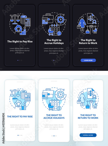 Maternity leave rights dark, light onboarding mobileapp page screen. Walkthrough 3 steps graphic instructions with concepts. UI, UX, GUI vector template with linear night and day mode illustrations