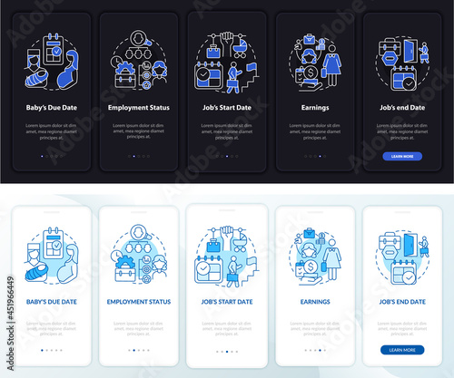 Calculate maternity pay day, night onboarding mobileapp page screen. Walkthrough 5 steps graphic instructions with concepts. UI, UX, GUI vector template with linear night and day mode illustrations