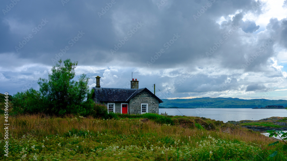 Obraz premium Stormy skies over Sound of Jura, Corryvreckan and island from Craignish Point, Scotland