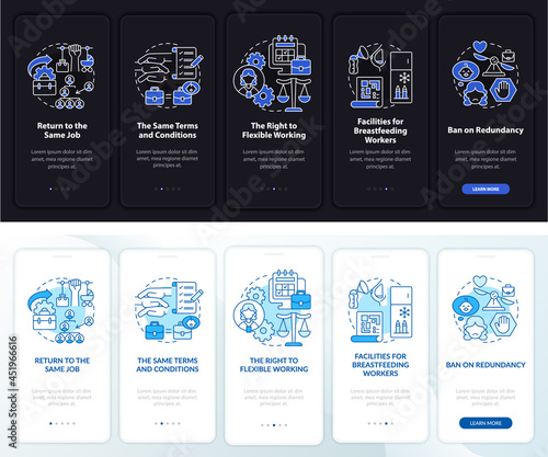 Return to work rights dark, light onboarding mobileapp page screen. Walkthrough 5 steps graphic instructions with concepts. UI, UX, GUI vector template with linear night and day mode illustrations