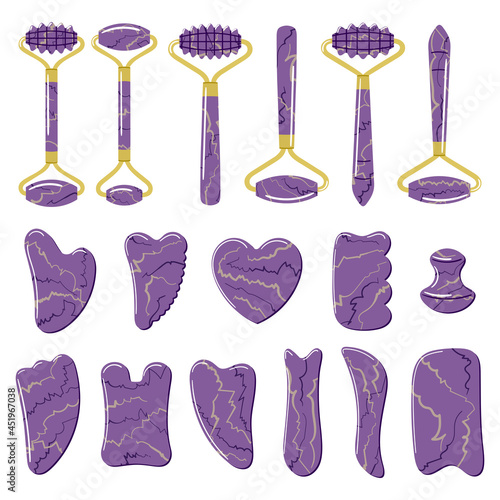 Big set of different gua sha stones and rollers are made of purple amethyst. Facial gua sha scraping massage tools. Home beauty routine, Chinese skin care concept. Hand drawn vector illustration.