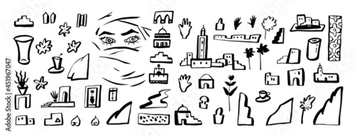 Vector boho abstract set of Morocco-inspired hand drawn design elements. Abstract organic aesthetic constructor. Make your own ethnic Moroccan wall art landscape illustration. Medina architecture
