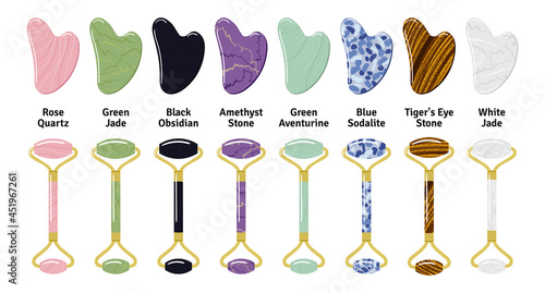 Big set of different gua sha stones and rollers with title are made of quartz, aventurine, jade, amethyst, sodalite. Facial gua sha massage tools, Chinese skin care. Hand drawn vector illustration.